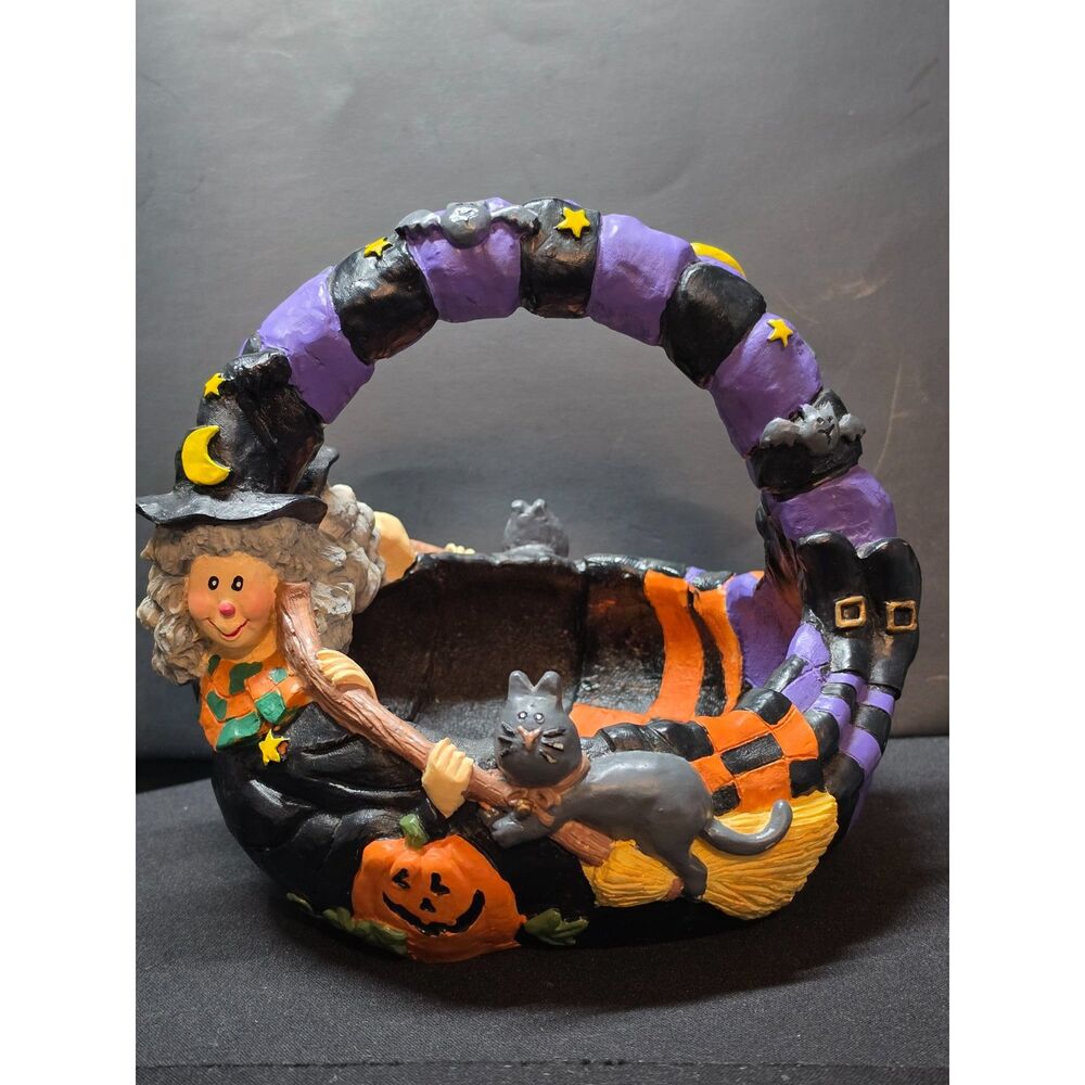 Halloween Zany Zelda Witch Basket Resin Candy Pumpkin Cat Decor Vintage 90s
